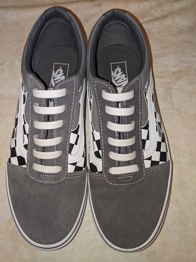 Vans Off The Wall Youth 6 Gray Checkered Flame 500714 Faux Lace Up Skate Shoes