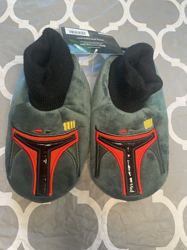 NWT Disney Star Wars Green Plush Boba Fett-Inspired Slippers Red Black Emblem Lg
