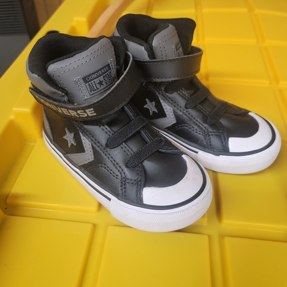 Converse Pro Blaze Strap Black Grey Leather High Top Sneakers Kids Size EUc