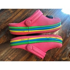 Crocs Kids Crocband Pink Rainbow Stripe Clogs with Cookie Monster Charms Size C7