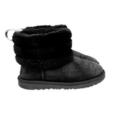 UGG Kids Fluff Mini Quilted Ankle Boots- 1103612K- Black Suede/ Shearling Size 2