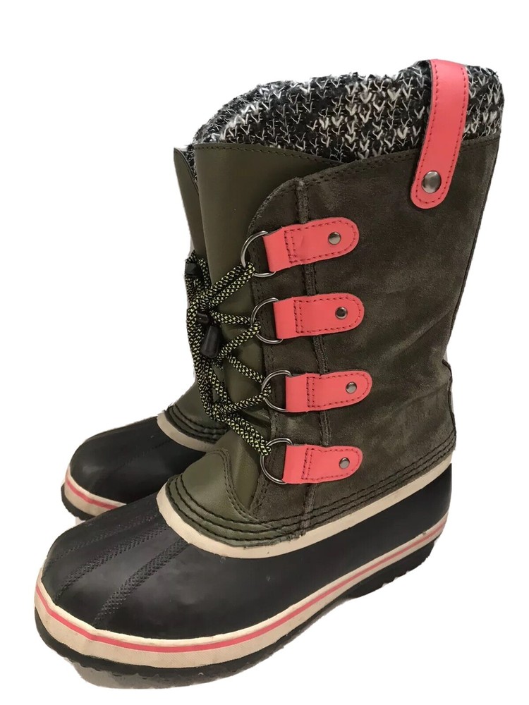 SOREL WATERPROOF BOOTS REMOVABLE INSERTS LEATHER OLIVE GREEN PINK Size 4 Youth