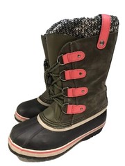 SOREL WATERPROOF BOOTS REMOVABLE INSERTS LEATHER OLIVE GREEN PINK Size 4 Youth