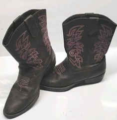 Kids‘ Deer Stag Western Boots Black Pink Cowboy Youth Size 3 Embroidered Pull-On