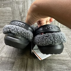 Crocs Classic Lined Clogs Kids J12 Black Grey Sherpa Fleece Warm NEW
