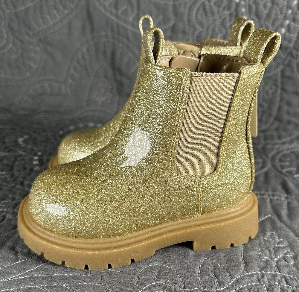 thereabouts Lil Elisa Gold Glitter Chelsea Ankle Boots Memory Foam Zip Kids 5M