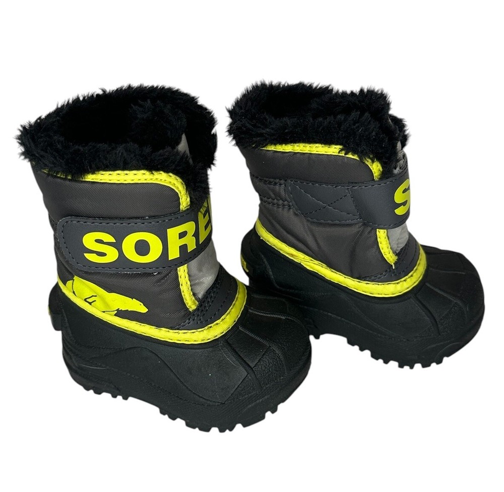 Sorel Toddler Commander Snow Boots Black & Yellow Size 4 Easy On/Off