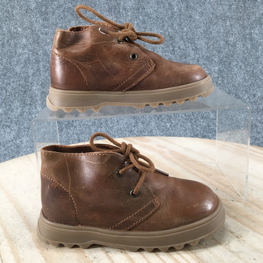Zara Boots Child Toddler 24 Brown Ankle Bootie Lace Up Leather Lug Sole Casual