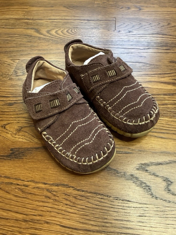 Kids Brown Genuine Leather Moccasin Shoes Hook Loop Closure Size 10