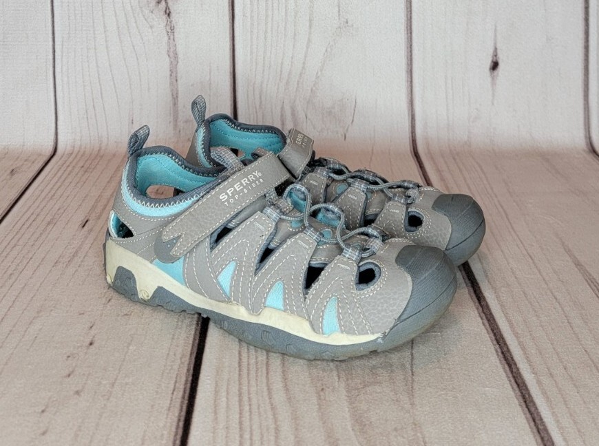 Sperry Top-sider Wet Tech Fish Leather Sport Sandals Big Kids Size 1W Gray Blue