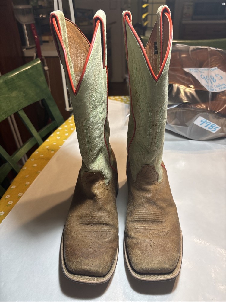 JUSTIN Brown Turquoise Square Toe Cowboy Boots Youth Size 4 D