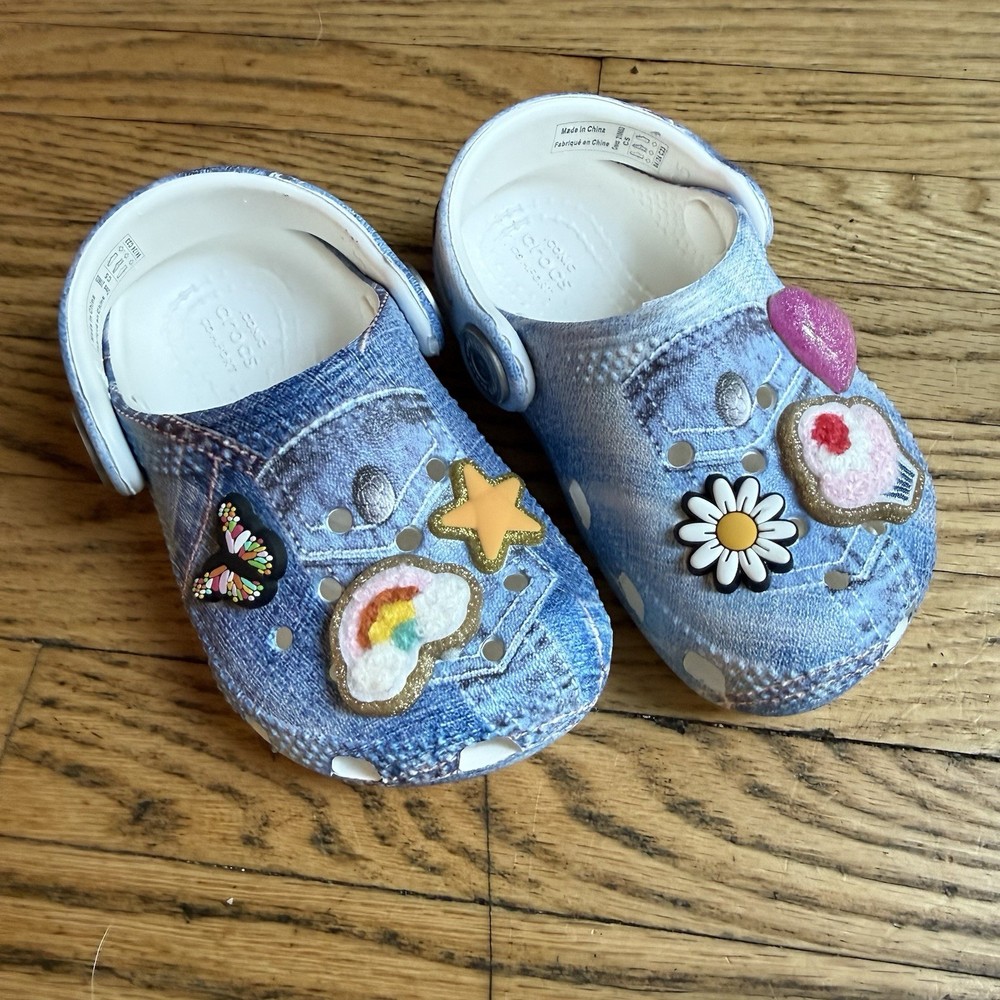 Crocs Classic Denim Patch Clog Little Kid size C5 Toddler Slip On Charms