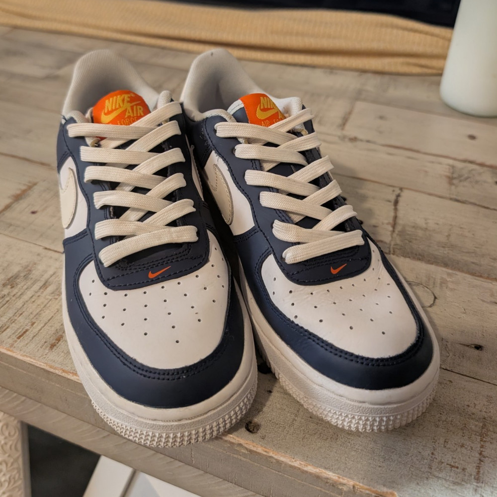 Nike Air Force 1 Low Unisex Kids Leather Sneakers Blue/White/Orange 4.5Y