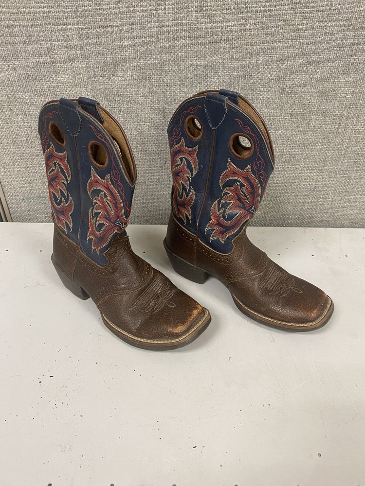 Justin Brown Blue Leather Square Toe Cowboy Boots Youth Size 1 D Style 2520JR