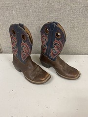 Justin Brown Blue Leather Square Toe Cowboy Boots Youth Size 1 D Style 2520JR