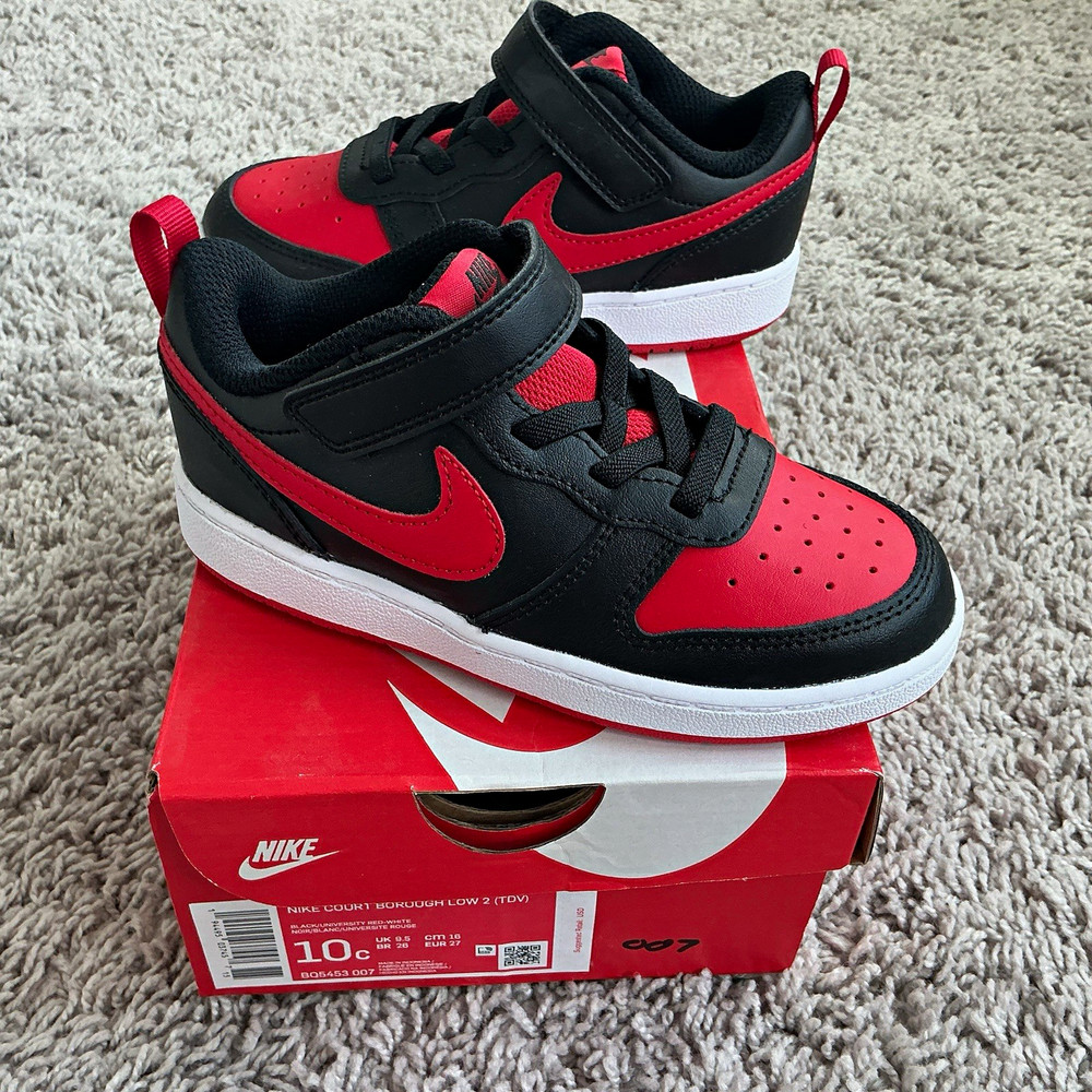 Nike Court Borough Low 2 (TDV) Kids Low Top Leather Strap Black/Red 10C