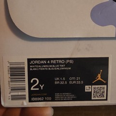 Jordan 4 Retro PS White Aluminum Blue Tint Leather Lace Up Kids 2Y Basketball
