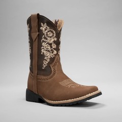 Kids Embroidered Square Toe Cowboy Boots Brown Leather 6″ Shaft 1″ Heel