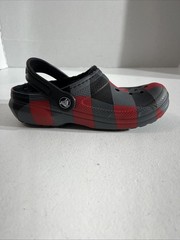 Crocs Classic Lined Red Gray Black Plaid Clog Sz J1