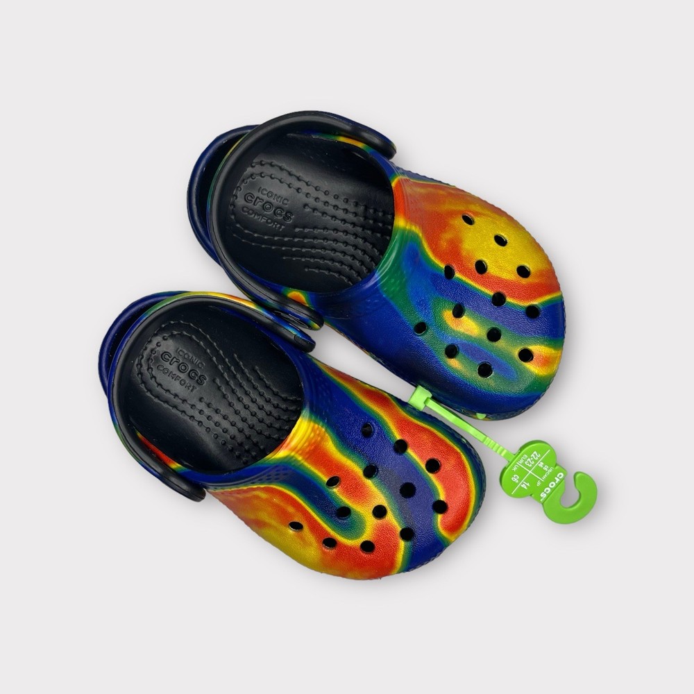 Crocs Tie Dye Orange Blue Yellow Swirl Clogs Size 6 Child NWT