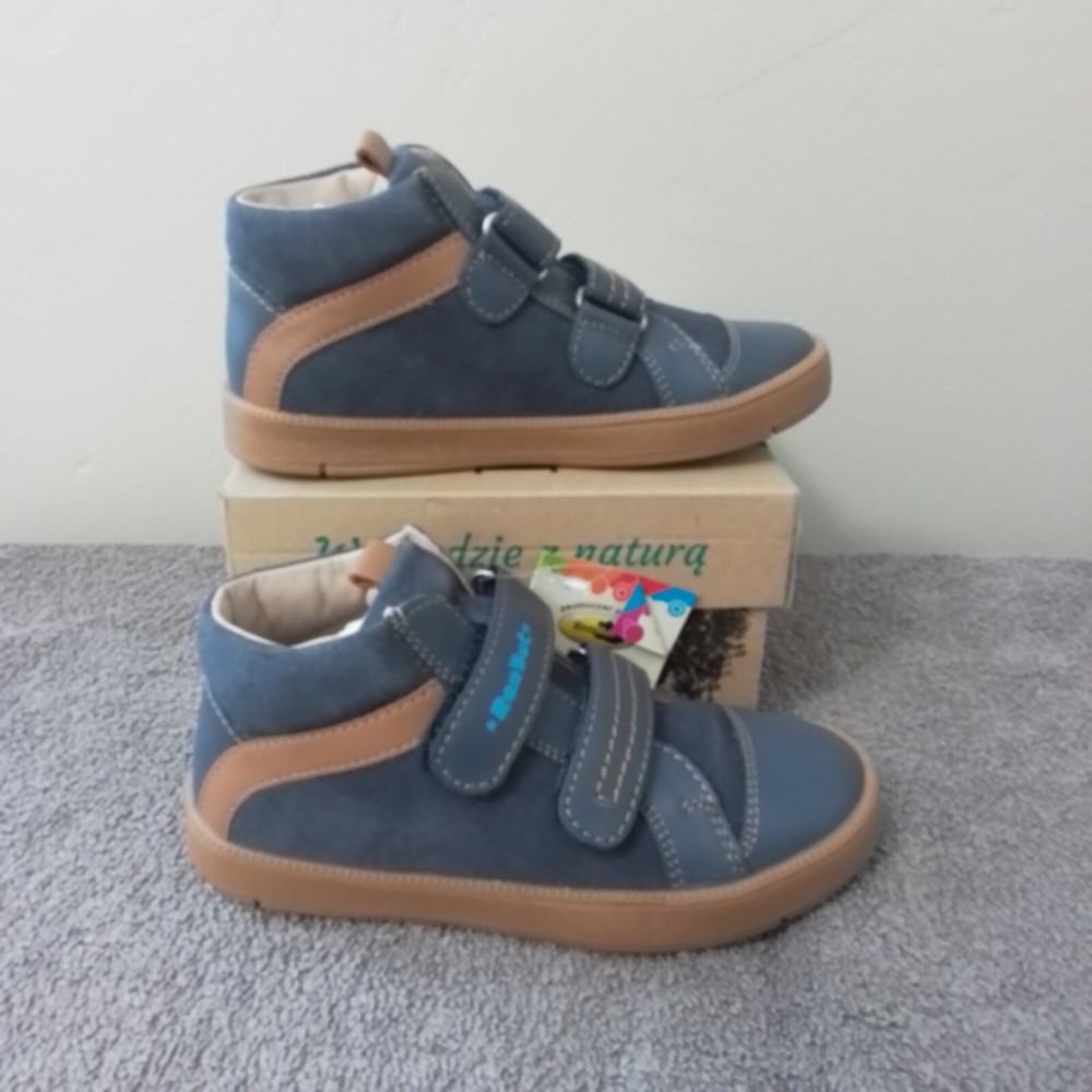 Size 11 Kids RenBut High Top Leather Easy Close Unsex Blue/Tan Sneakers Shoes