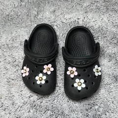 Crocs Classic Clogs Black Toddler Sz 5 Floral Flower Jibbitz Charms Slip On Shoe