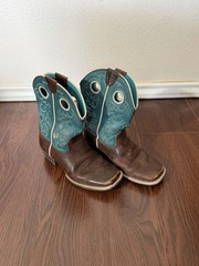 Kids Ariat Turquoise, Brown Leather Square Toe Cowboy Boots Size 1.5 (read)