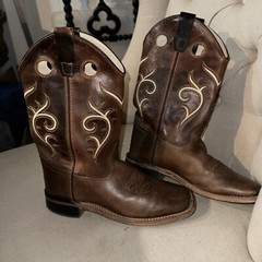 Old West Youth Size 4D Leather Cowboy Boots Brown Western core Cowgirl UNISEX