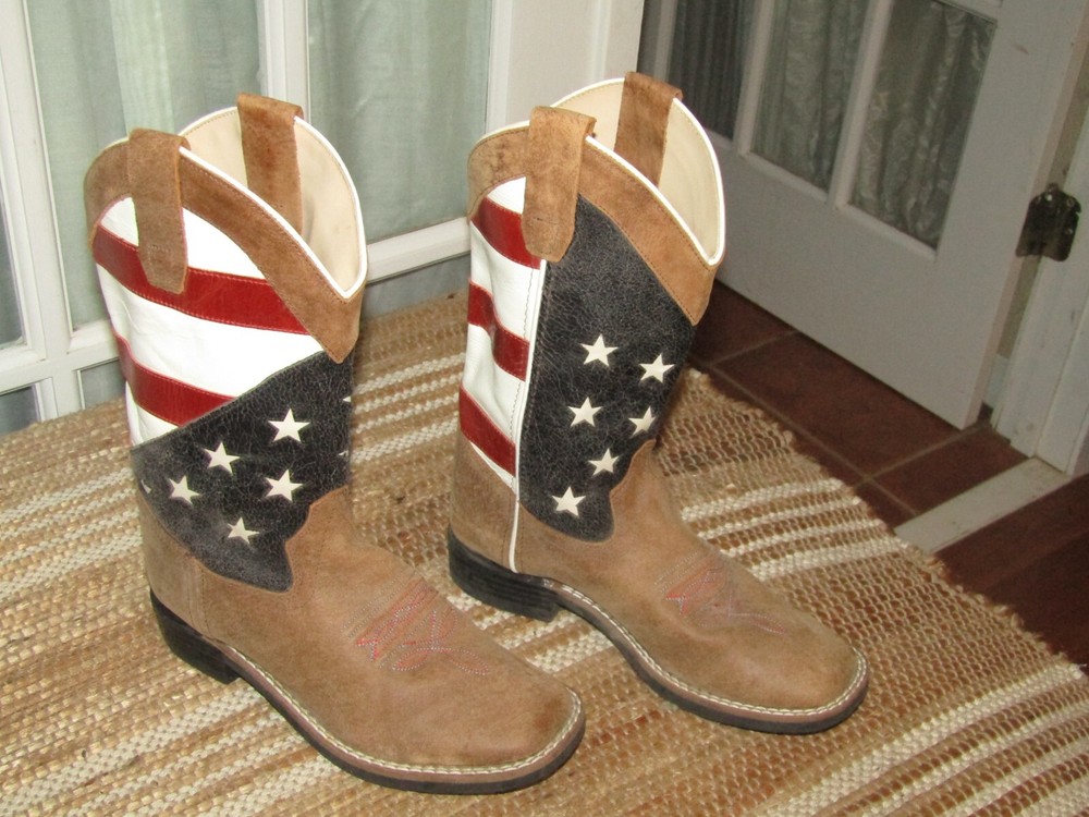 Patriotic USA Old West Cowboy Boots Stars & Stripes Leather Upper Youth size 4