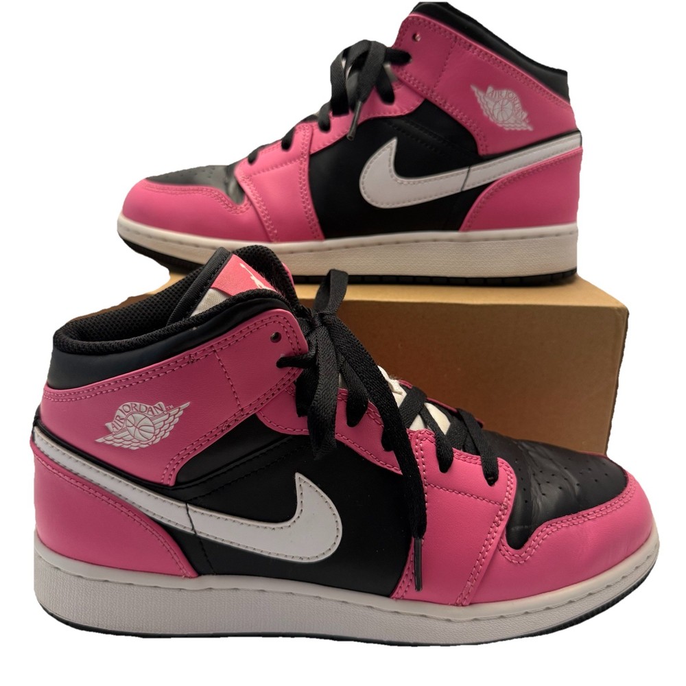 Nike Air Jordan 1 Mid GS Pink Black White 555112-002 Size 7Y Sneakers Shoes