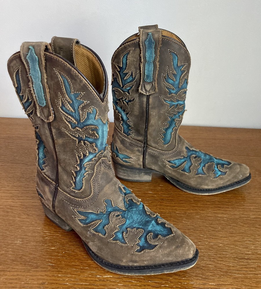 Dan Post Western Cowboy Boots Brown Turquoise Leather Snip Toe Size 1 DPC-2113