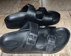 Black Slides Big Kid Size 3 Double Strap With Buckles NEW Funky Monkey