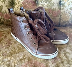 Youth Cat & Jack Hightop Sneakers Brown Faux Leather Lace Up Side Zip Kids SZ 13