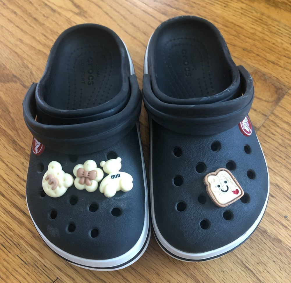 Crocs Crocband Slip-on Clogs Sandals Children’s Size 11 Black w/White & Jibbitz