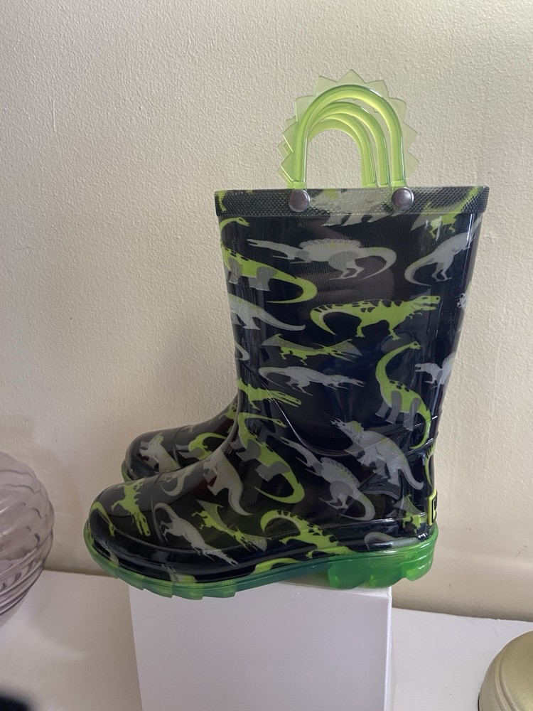 Western Chief Wade Dino Lighted Rain Boot Dinosaur Print Black Kids Size 12 LED