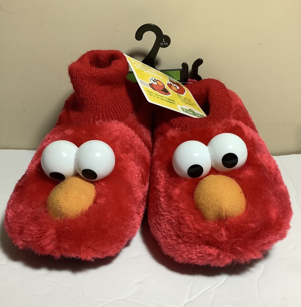 NWT Sesame Street Elmo Puppet Cuffed Slippers Shoes Padded Toddler SIZE L 9/10