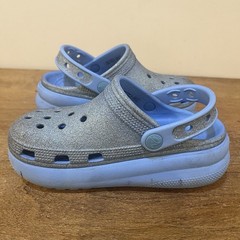Crocs Kids C13 Platform Clogs Blue Glitter Classic Comfort Strap Slip On Shoes