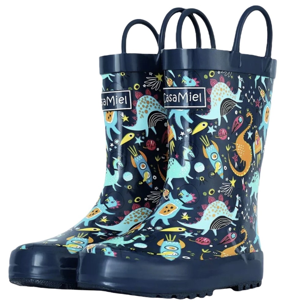 CasaMiel Rain Boots 2.0 Monster Blue Space Dinos Planets Unisex Kids Boots Sz 2