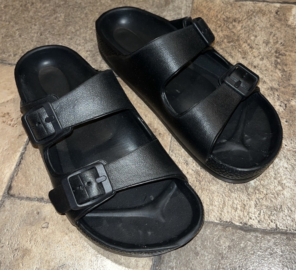 Black Slides Big Kid Size 3 Double Strap With Buckles NEW Funky Monkey