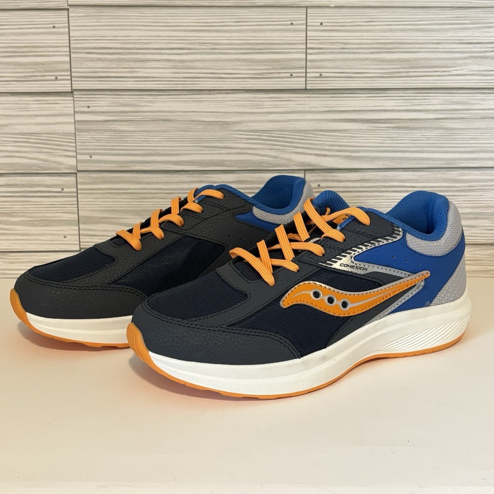 NWOB Saucony Kids Cohesion KDZ Running Shoes Navy Blue Orange Sneakers Size 6