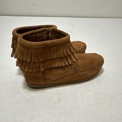 Minnetonka Double Fringe Side Zip Suede Tan Children’s Boots Sz 12