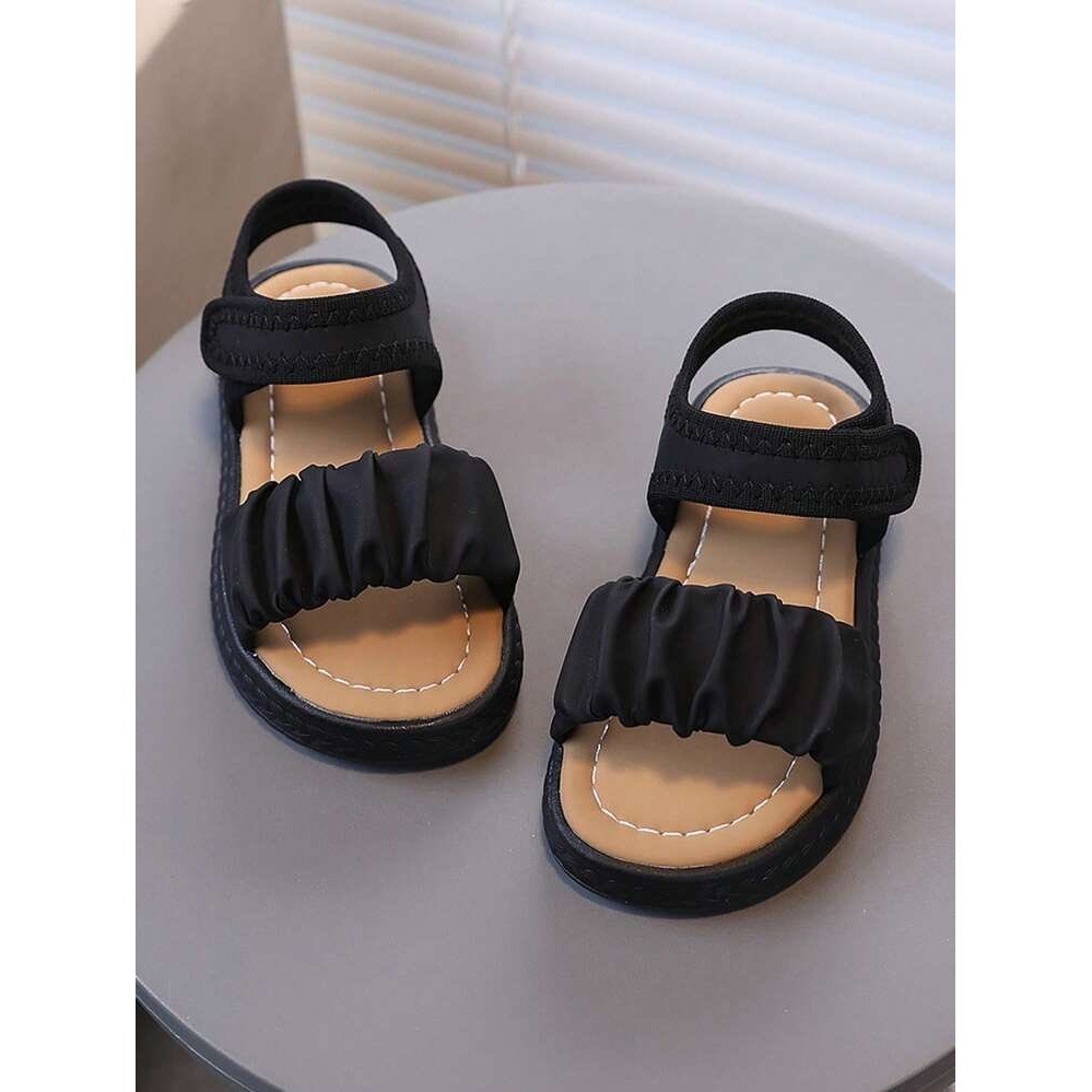 Kids Black Ruched Ruffle Strap Sandals Hook and Loop Ankle Strap Size 9.5