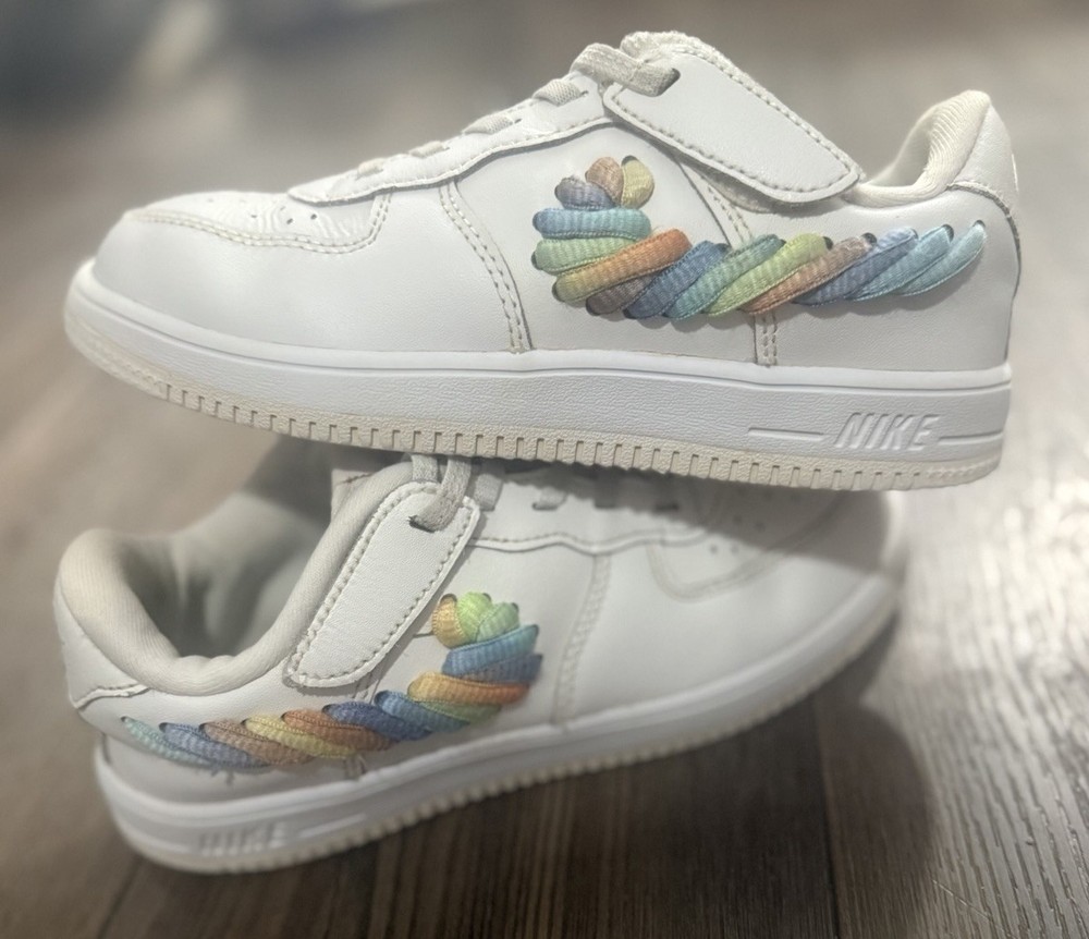 Nike Air Force 1 Low LV8 EasyOn Youth 2.5Y White Rainbow Rope Swoosh