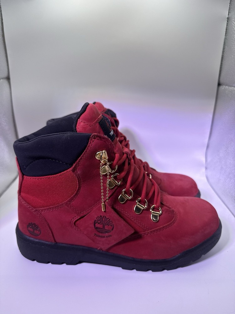 Timberland 6in Premium Field Waterproof Boots Ruby Red Dark Grey 5.5 Youth