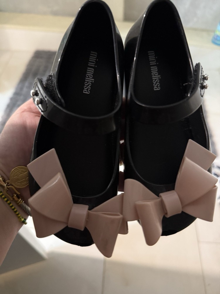 Mini Melissa Black Mary Jane Jelly Flats with Beige Bow, Round Toe