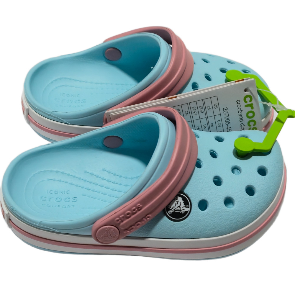 Crocs Kids Unisex Crocband Clogs Sandals Ice Blue White Pink Size C8