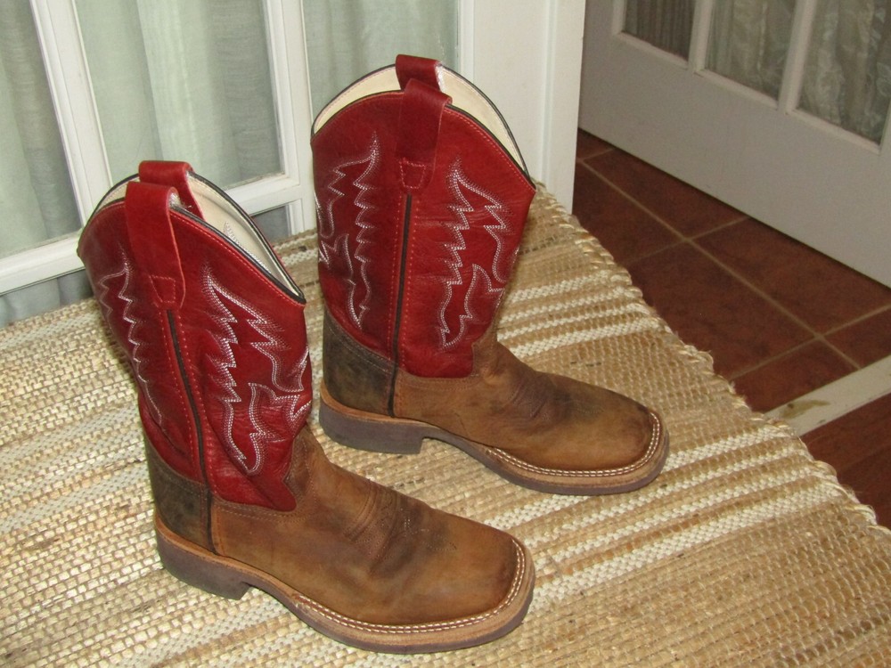 Old West BSC1889 Burgundy Leather Pull On Square Toe Western Boots Kids US 1.5 D