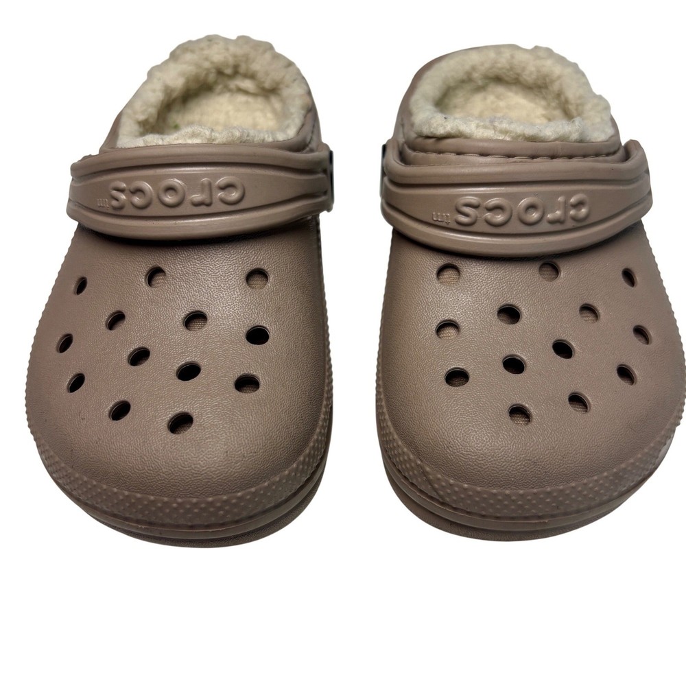 Crocs Kids C8 Clogs Khaki Tan Classic Fuzz-Lined Lined Mules Shoes Comfort
