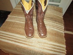 Mexico Brown Leather Ostrich Embossed Square Toe Cowboy Boots Youth sz 13 Mex 20