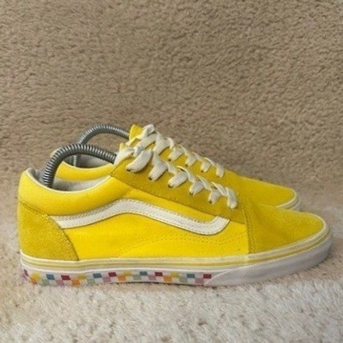 Vans Old Skool Kids Yellow Rainbow Checkerboard Suede Canvas Sneakers Size 7Y